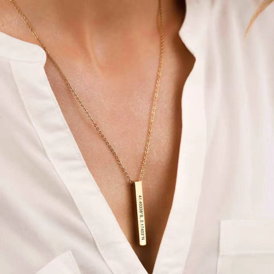 Custom 3D Bar Necklace with Engraving - 925s Silver Gold Vermeil - Custom 4-Sided Bar Coordinates Necklace - Custom Gift , Back to College Gift