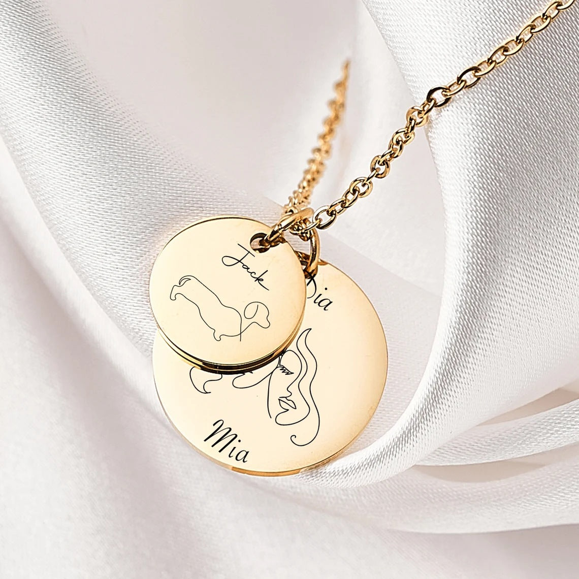 Personalized round puppy pendant engraved name memorial necklace , S925 sterling silver Gold Vermeil, dog engrave name with dog breed design , ,Large Coin Pendant Necklace