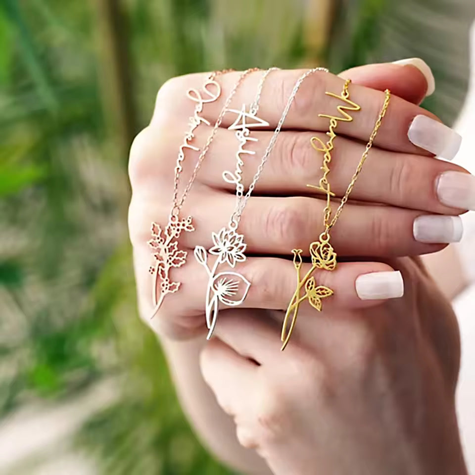 Personalized Birth Flower Name Necklace, 925s Silver Gold Vermeil, Mother's Day Gifts, Handmade Gift for Her.