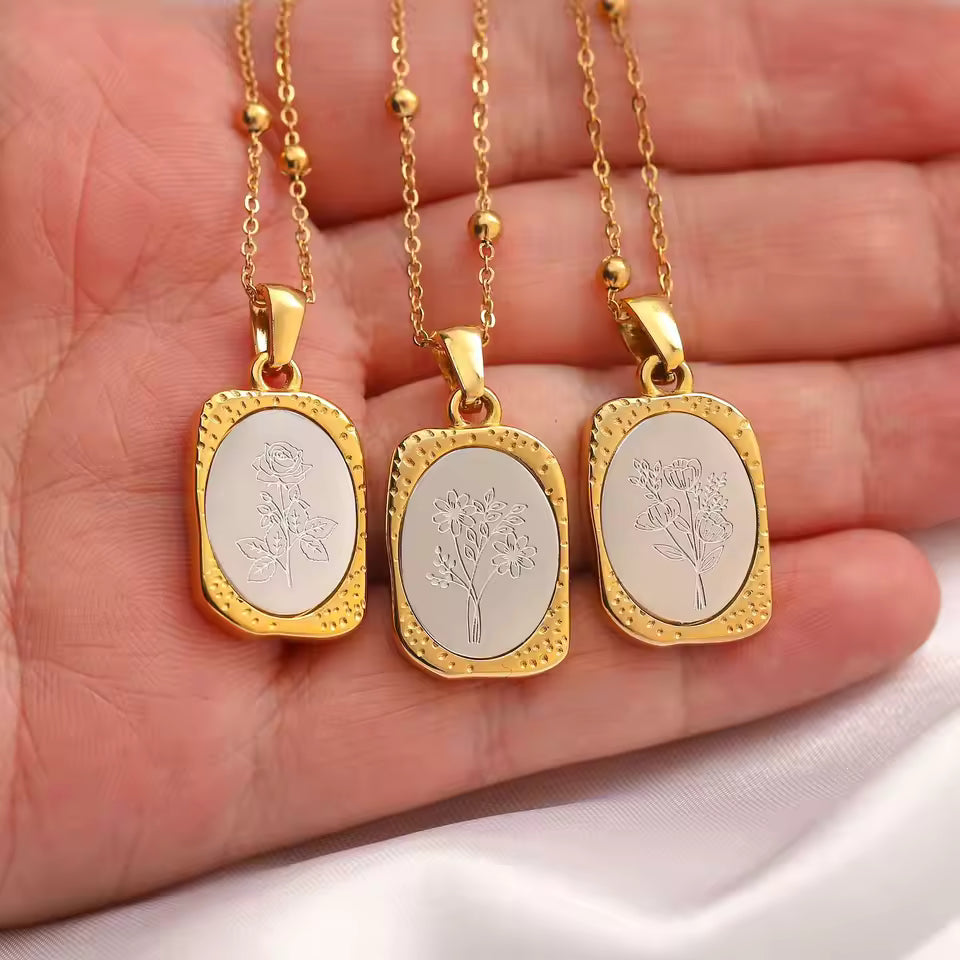 Birth Flower Necklace, 925s Silver Gold Vermeil, Personalized Rectangle Pendant Necklace, Best Mom Necklace, Gift for her, birthday gift