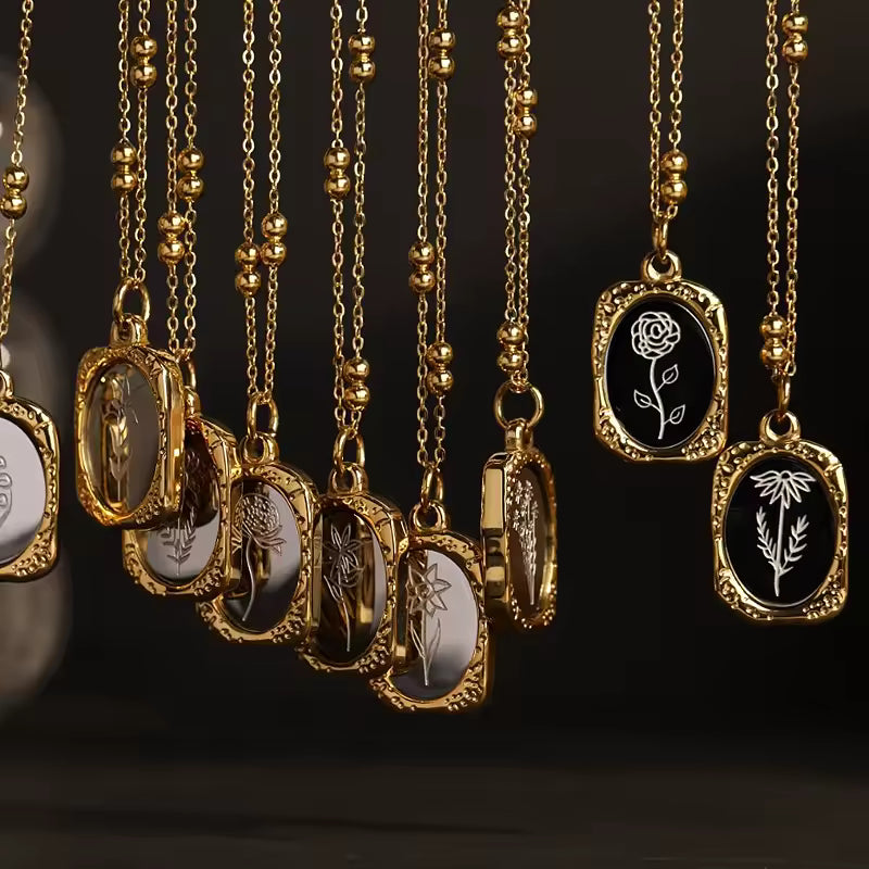 Birth Flower Necklace, 925s Silver Gold Vermeil, Personalized Rectangle Pendant Necklace, Best Mom Necklace, Gift for her, birthday gift