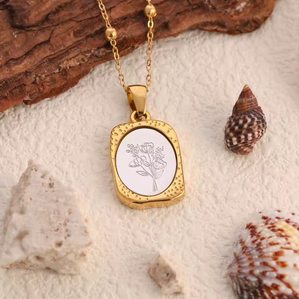 Birth Flower Necklace, 925s Silver Gold Vermeil, Personalized Rectangle Pendant Necklace, Best Mom Necklace, Gift for her, birthday gift