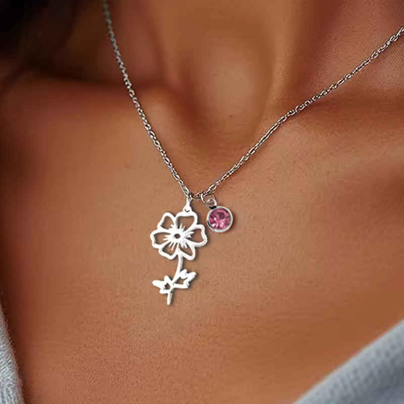 Birthday Flower with Birthstone Necklace, 925s Silver Gold Vermeil ,Birthday Gift Month Flower Birthday Stone Necklace , Personalized Flower Necklace . gift for her