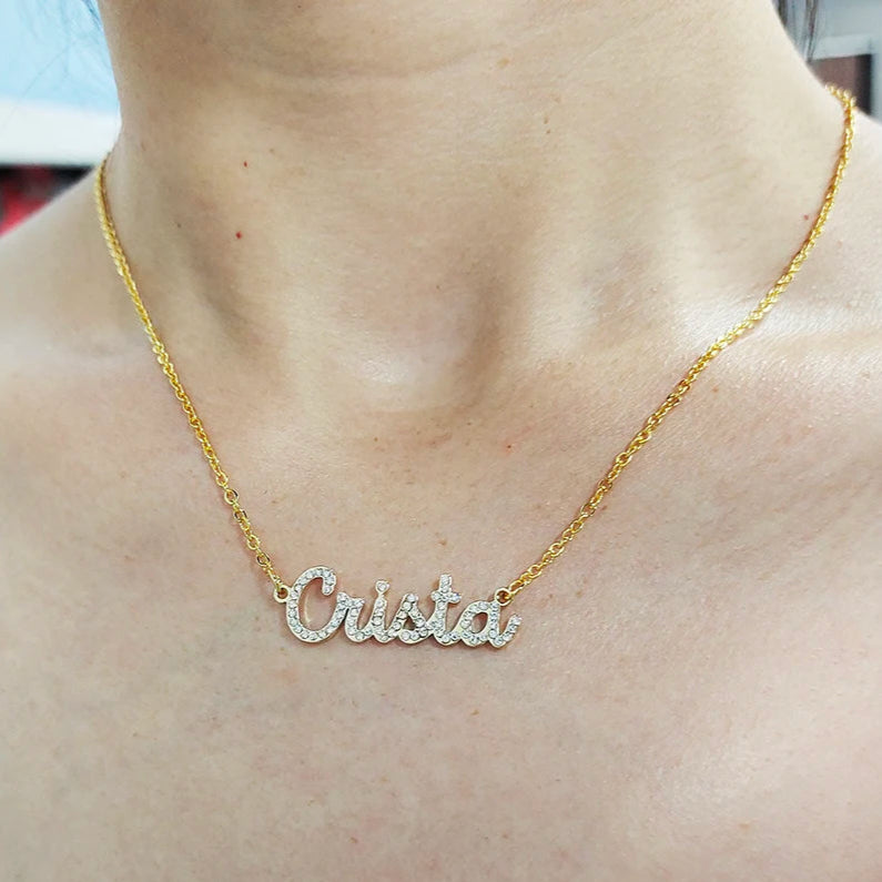 Pavé Script Name Necklace - s925 silver Gold Vermeil personalized zircon Custom Diamond Name Necklace - Personalized Cursive Name Necklace