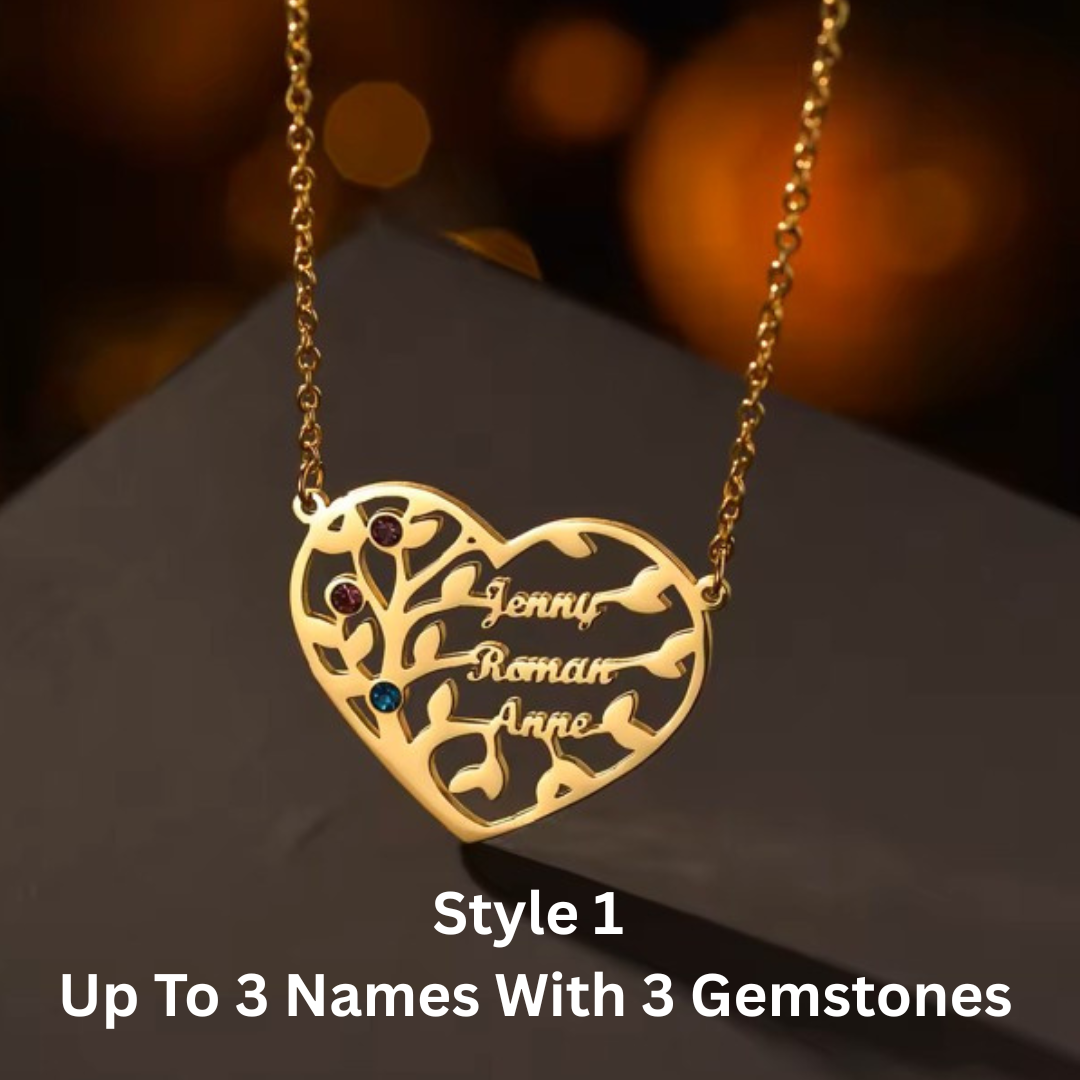 Personalized Family Name & Birthstones Necklace, Family Tree Heart Necklace, 925s Silver Gold Vermeil, Mother's Day Gift, Engraved Name Necklace, Grandma Necklace