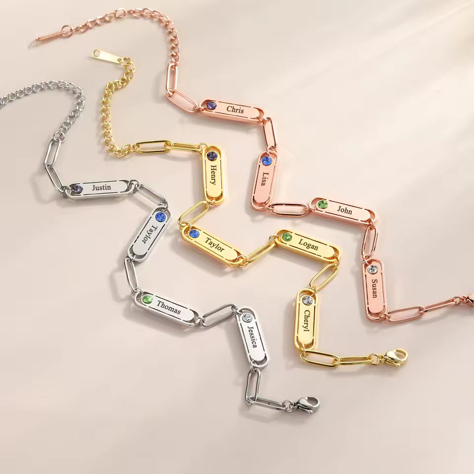 Engraved Name & Birthstone Bracelet – Dainty Mini Bar, 1–4 Birthstones, 925 Silver & Gold Vermeil – Custom Jewelry for Her, Mom, Girlfriend, or Best Friend