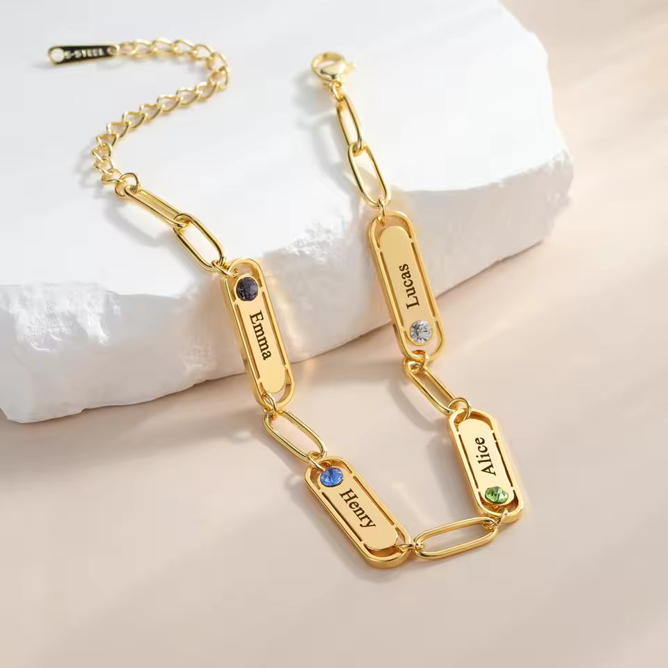 Engraved Name & Birthstone Bracelet – Dainty Mini Bar, 1–4 Birthstones, 925 Silver & Gold Vermeil – Custom Jewelry for Her, Mom, Girlfriend, or Best Friend