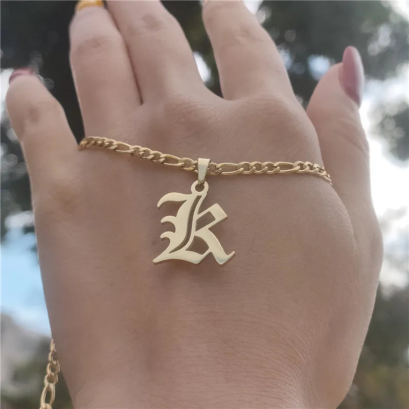 Old English Initial Necklace 925s Silver, Gold Vermeil • Personalized Initial Necklace • Gothic Style • Dainty Custom Necklace • Gift for Her and Him • Birthday Gift