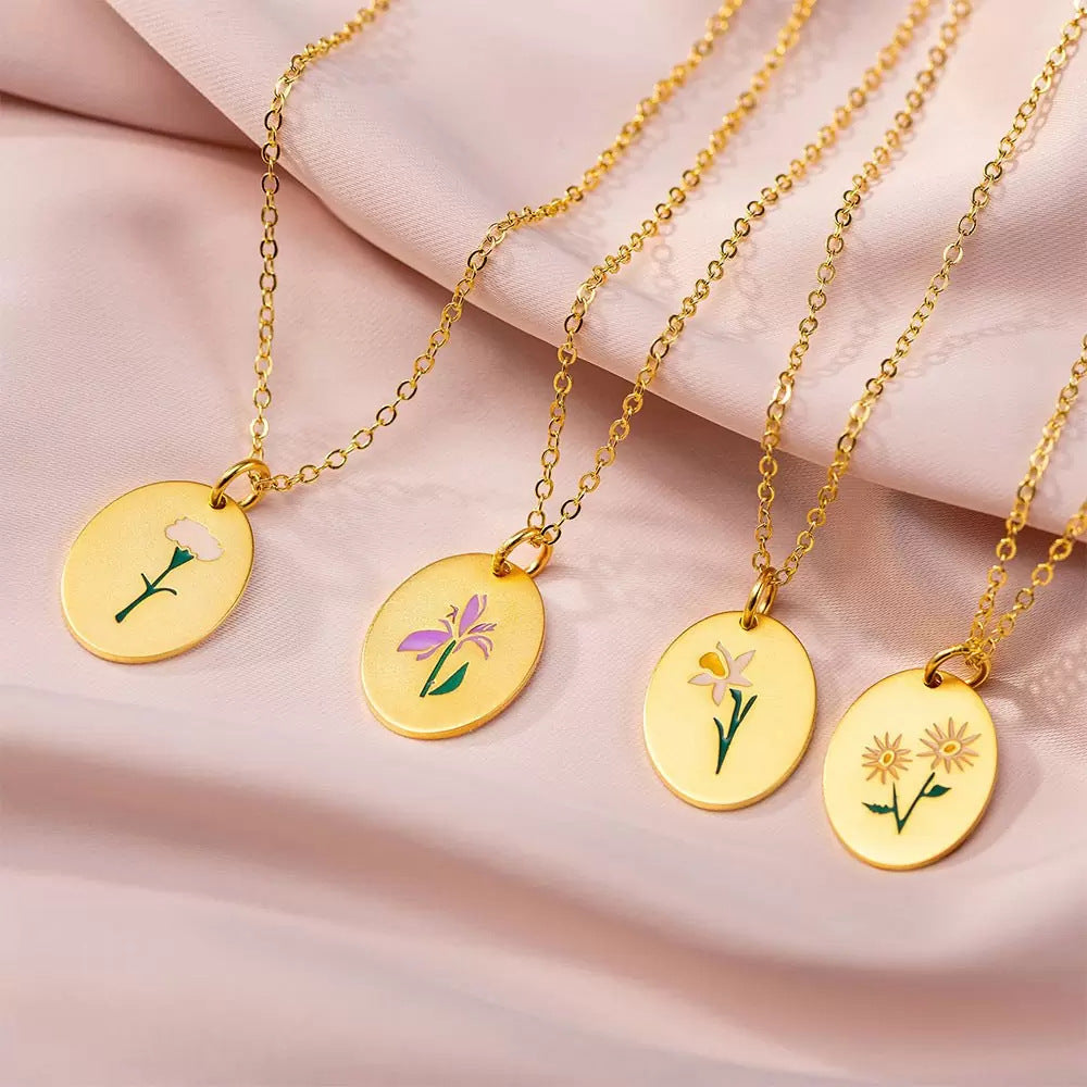 Birth Flower Necklace, 925s Silver Gold Vermeil , Engraved Floral Designs Personalized oval Pendant , Personalized Colorful Oval Pendant Necklace,  Best Mom Necklace,  Gift for her , birthday gift