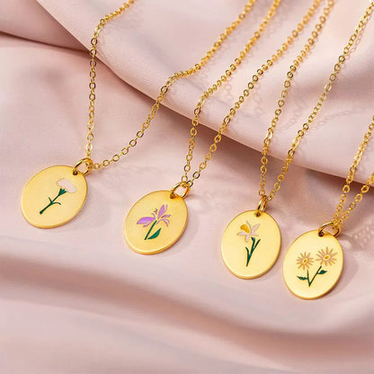 Birth Flower Necklace, 925s Silver Gold Vermeil , Engraved Floral Designs Personalized oval Pendant , Personalized Colorful Oval Pendant Necklace,  Best Mom Necklace,  Gift for her , birthday gift