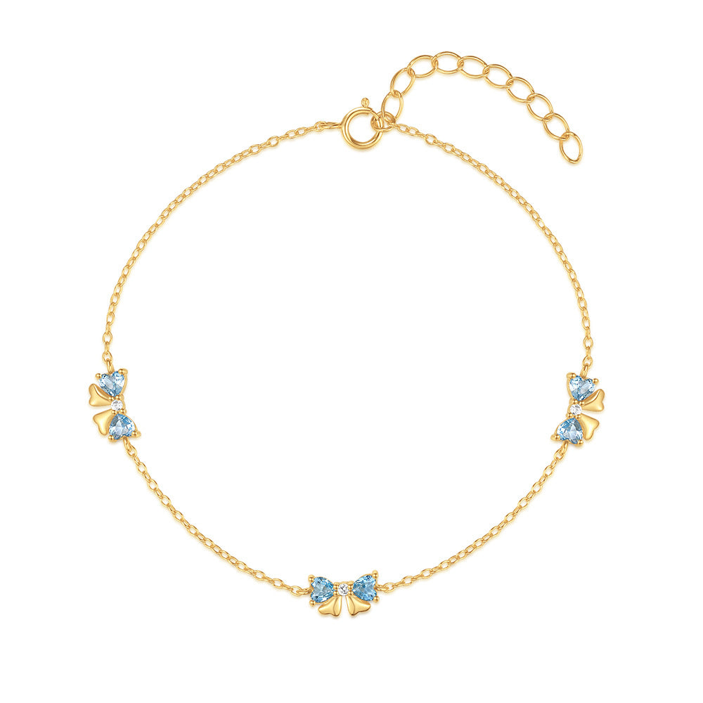 Dainty Blue Zirconia Bow Bracelet in S925 Sterling Silver | French Chic Gold Plated Ribbon Jewelry