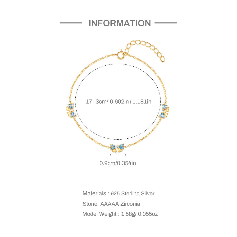 Dainty Blue Zirconia Bow Bracelet in S925 Sterling Silver | French Chic Gold Plated Ribbon Jewelry