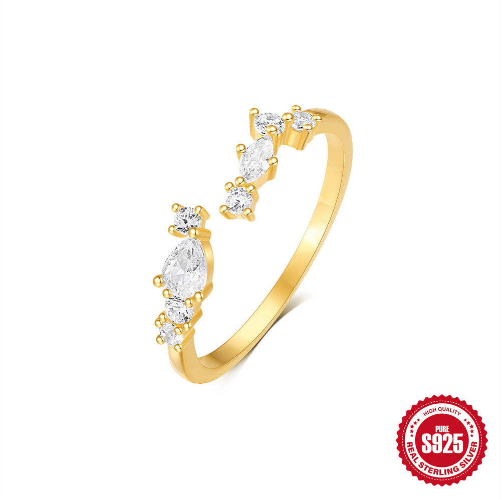 Adjustable Pear & Marquise Open Ring | S925 Sterling Silver Gold Plated Band | Sparkling Cluster Wrap Ring