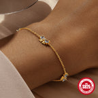 Dainty Blue Zirconia Bow Bracelet in S925 Sterling Silver | French Chic Gold Plated Ribbon Jewelry