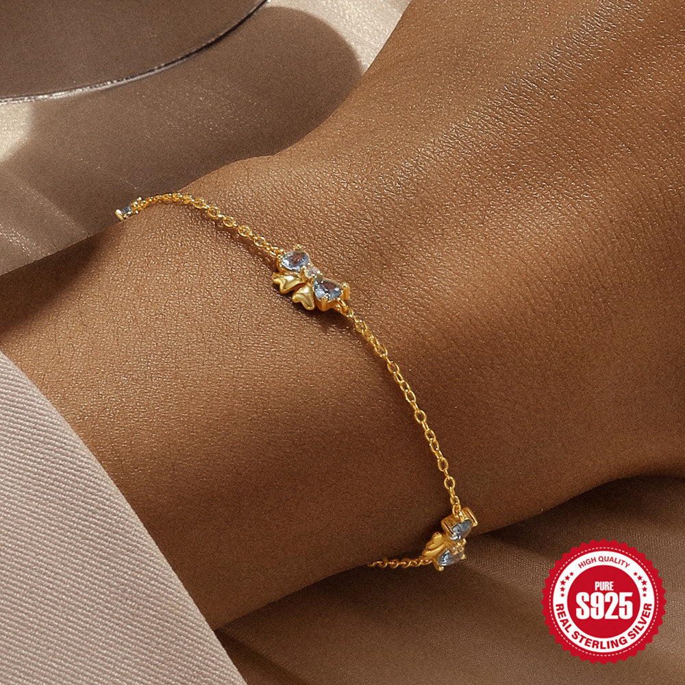 Dainty Blue Zirconia Bow Bracelet in S925 Sterling Silver | French Chic Gold Plated Ribbon Jewelry