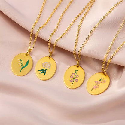 Birth Flower Necklace, 925s Silver Gold Vermeil , Engraved Floral Designs Personalized oval Pendant , Personalized Colorful Oval Pendant Necklace,  Best Mom Necklace,  Gift for her , birthday gift