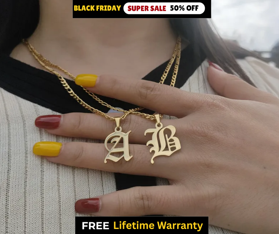 Old English Initial Necklace 925s Silver, Gold Vermeil • Personalized Initial Necklace • Gothic Style • Dainty Custom Necklace • Gift for Her and Him • Birthday Gift