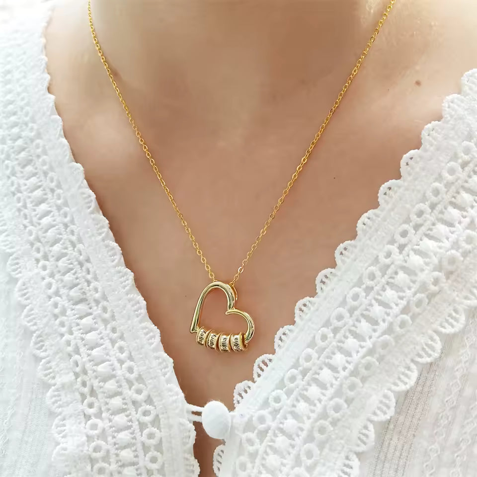 Custom Engraved Heart Pendant Necklace • 925s Silver Gold Vermeil • Personalized Kids , Family Name Necklace with Engraved Beads • Gift for Her