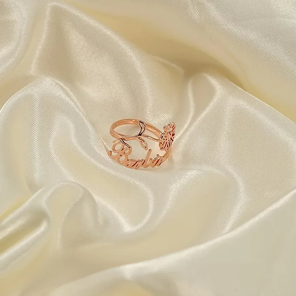 Birth Month Flower Name Ring 925s Silver , Dainty Personalized Custom Birth Flower & Name Ring, Personalized Gift , Gift For Her.