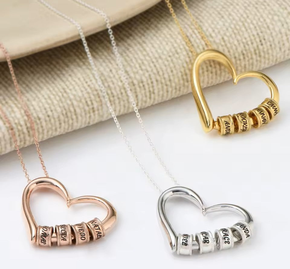 Custom Engraved Heart Pendant Necklace • 925s Silver Gold Vermeil • Personalized Kids , Family Name Necklace with Engraved Beads • Gift for Her