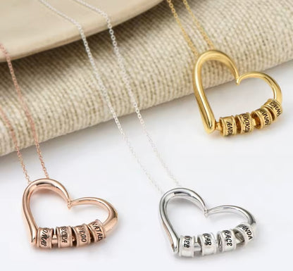 Custom Engraved Heart Pendant Necklace • 925s Silver Gold Vermeil • Personalized Kids , Family Name Necklace with Engraved Beads • Gift for Her
