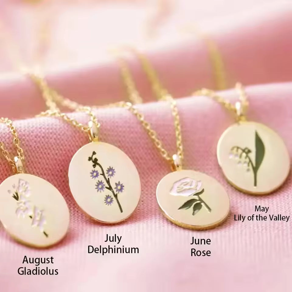 Birth Flower Necklace, 925s Silver Gold Vermeil , Engraved Floral Designs Personalized oval Pendant , Personalized Colorful Oval Pendant Necklace,  Best Mom Necklace,  Gift for her , birthday gift