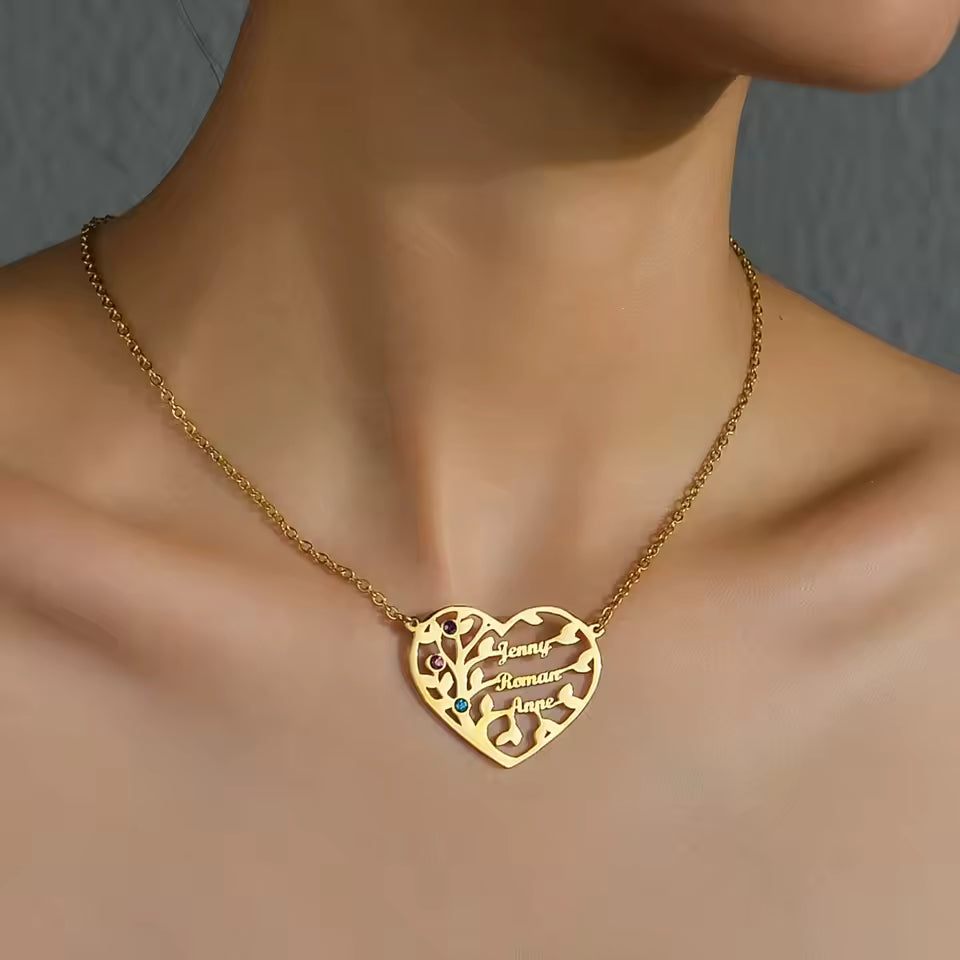 Personalized Family Name & Birthstones Necklace, Family Tree Heart Necklace, 925s Silver Gold Vermeil, Mother's Day Gift, Engraved Name Necklace, Grandma Necklace