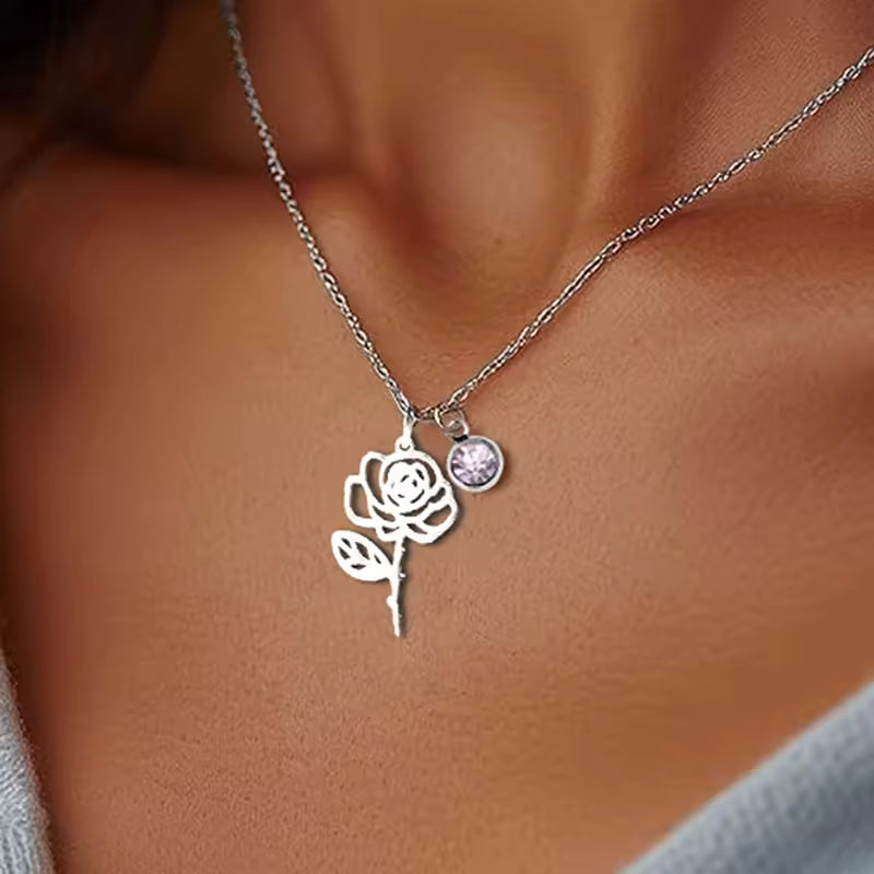 Birthday Flower with Birthstone Necklace, 925s Silver Gold Vermeil ,Birthday Gift Month Flower Birthday Stone Necklace , Personalized Flower Necklace .  gift for her