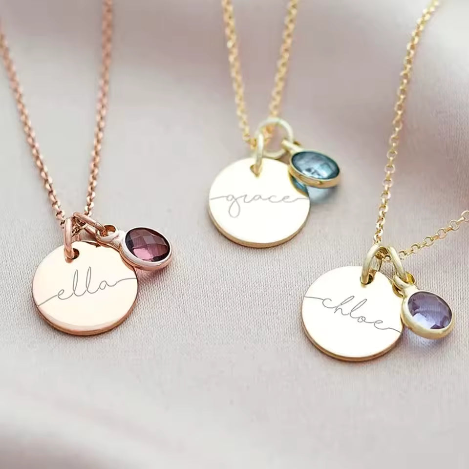 Personalized Birthstone Name Necklace, 925s Silver Gold Vermeil , Birthday Gift for Her, Jewelry Custom Grandma , Name Necklace Custom Disc Engraved Name