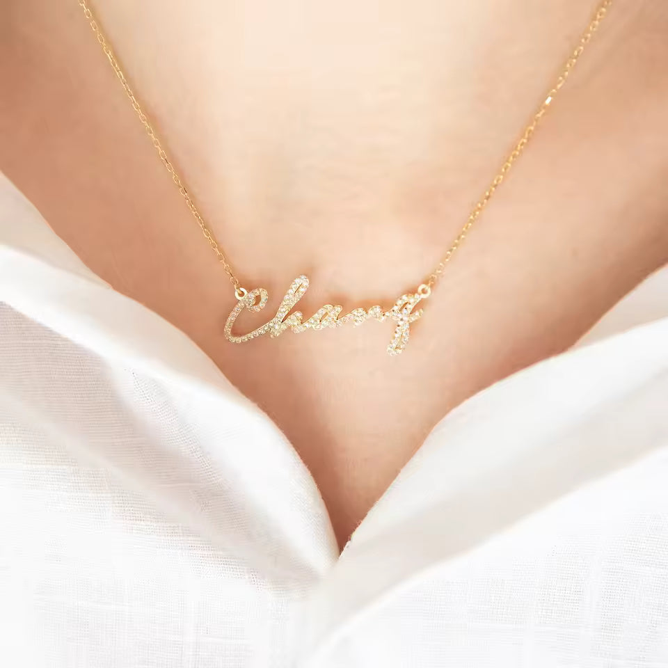 Petite Pavé Script Name Necklace - Custom Diamond Name Necklace - Personalized Cursive Name Necklace 18K Gold Vermeil Nameplate Necklace 925 Sterling Silver