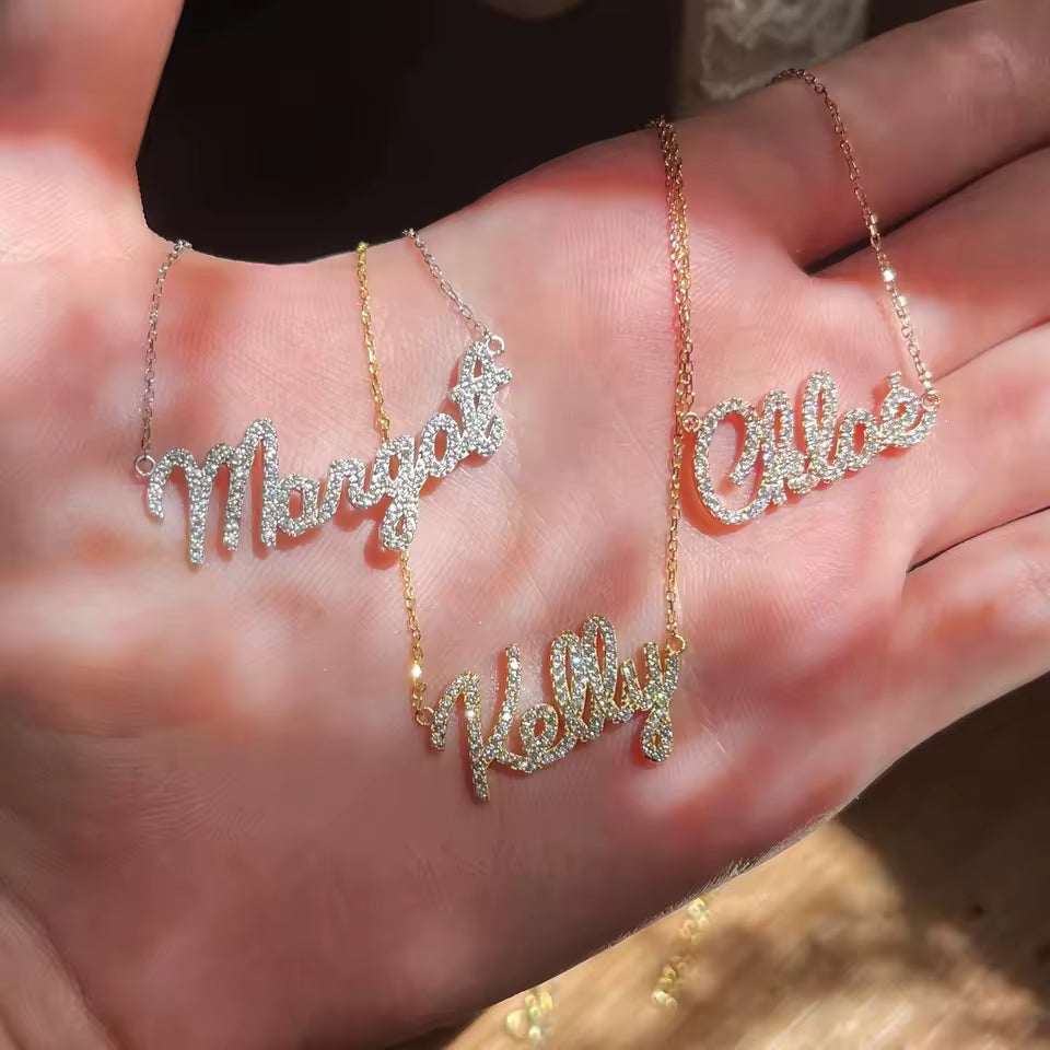 Petite Pavé Script Name Necklace - Custom Diamond Name Necklace - Personalized Cursive Name Necklace 18K Gold Vermeil Nameplate Necklace 925 Sterling Silver