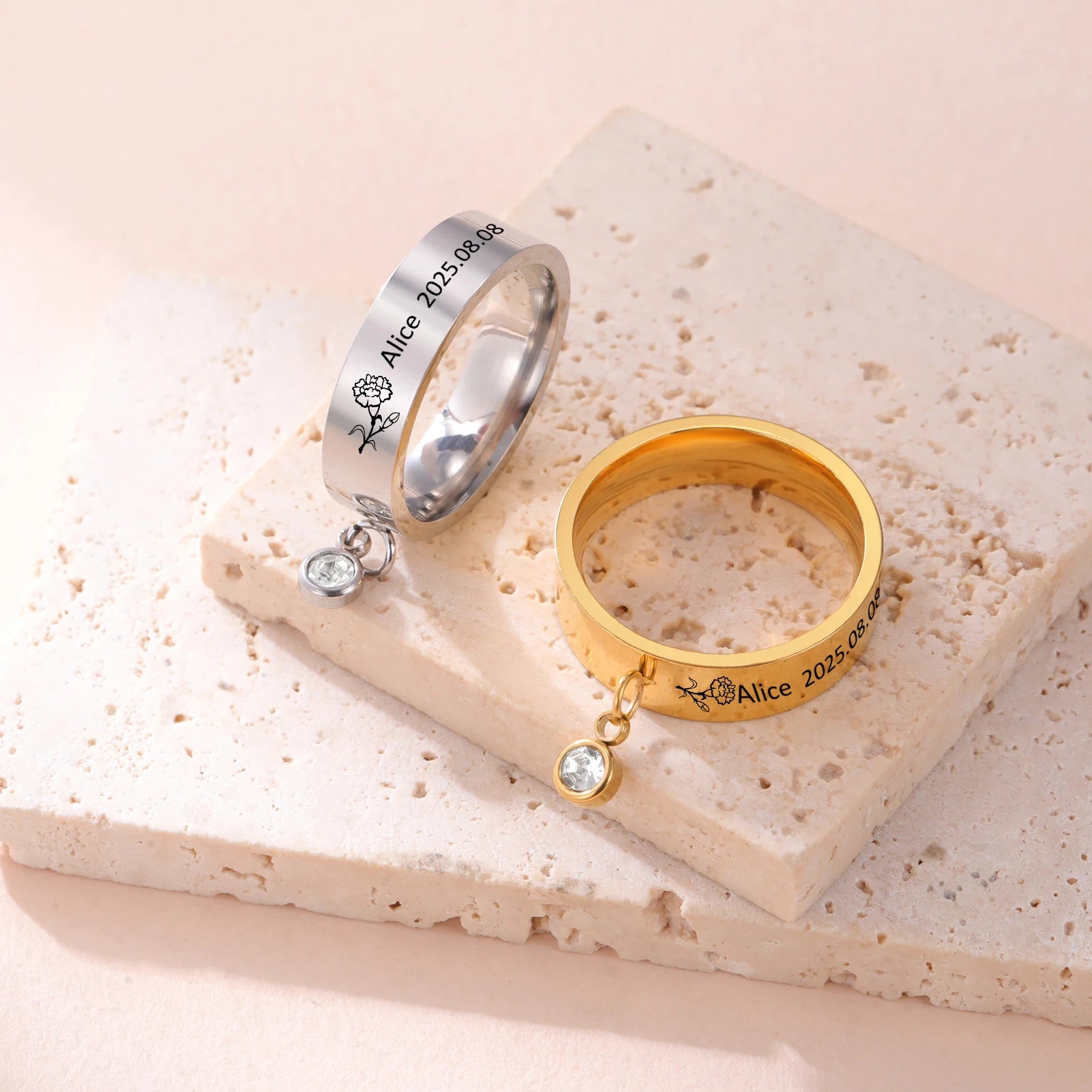 Personalized Birth Flower Ring with Birthstone – Custom Name Engraved Ring – 925 Sterling Silver & Gold Vermeil – Gift for Women, Wife, Girlfriend