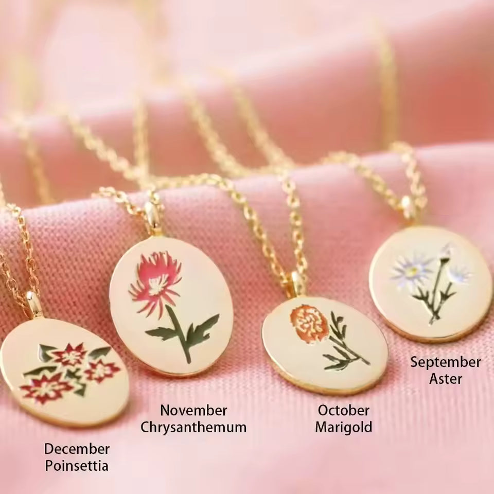 Birth Flower Necklace, 925s Silver Gold Vermeil , Engraved Floral Designs Personalized oval Pendant , Personalized Colorful Oval Pendant Necklace,  Best Mom Necklace,  Gift for her , birthday gift