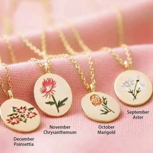 Birth Flower Necklace, 925s Silver Gold Vermeil , Engraved Floral Designs Personalized oval Pendant , Personalized Colorful Oval Pendant Necklace,  Best Mom Necklace,  Gift for her , birthday gift