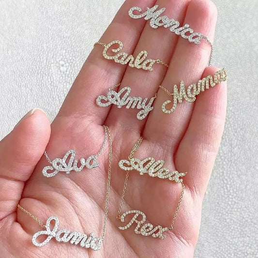 Pavé Script Name Necklace - s925 silver Gold Vermeil personalized zircon Custom Diamond Name Necklace - Personalized Cursive Name Necklace