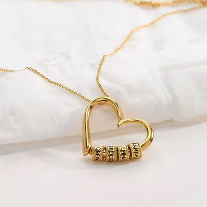 Custom Engraved Heart Pendant Necklace • 925s Silver Gold Vermeil • Personalized Kids , Family Name Necklace with Engraved Beads • Gift for Her