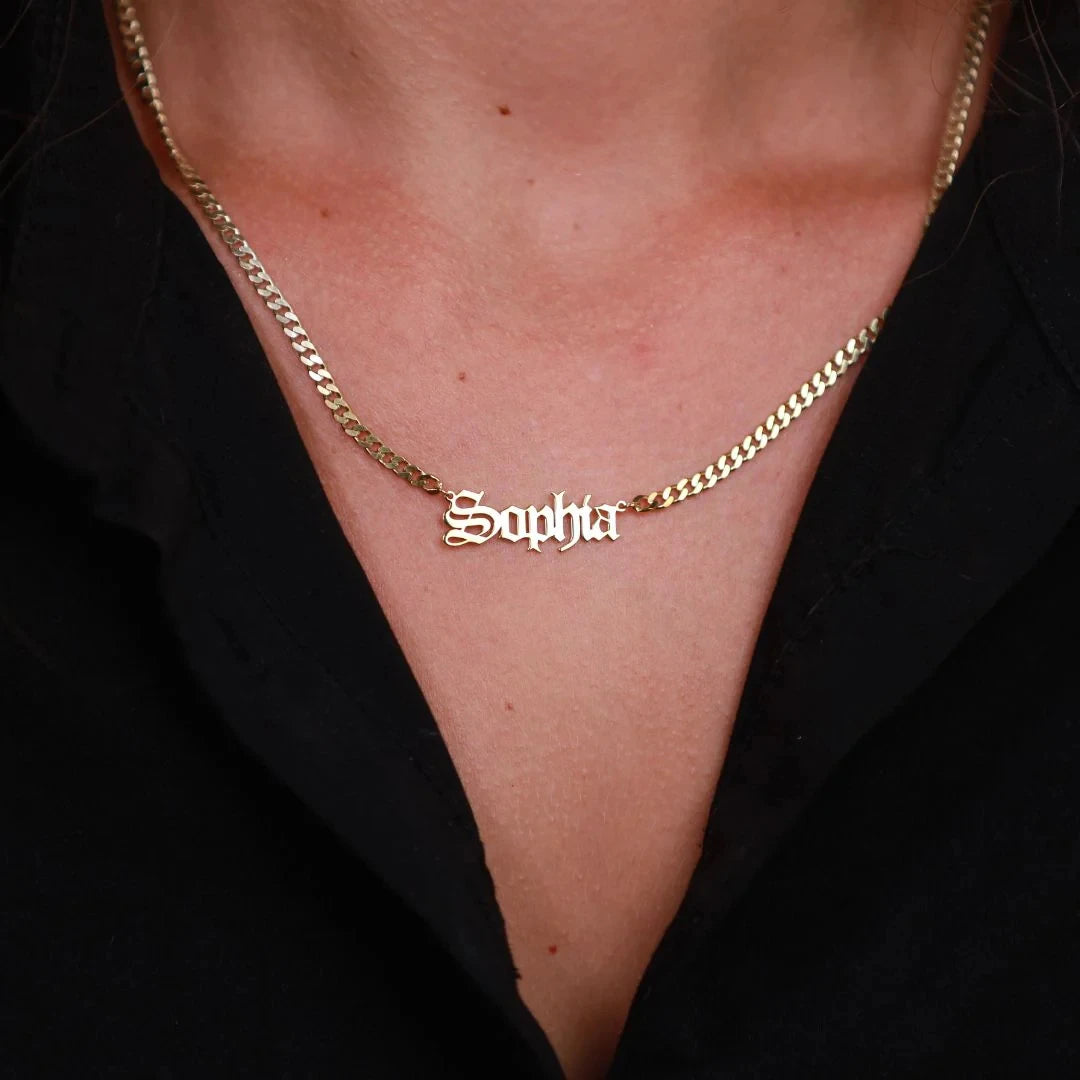 Custom Gothic Name Necklace with Curb Chain - 925 Sterling Silver Gold Vermeil - Dainty Personalized Name Necklace