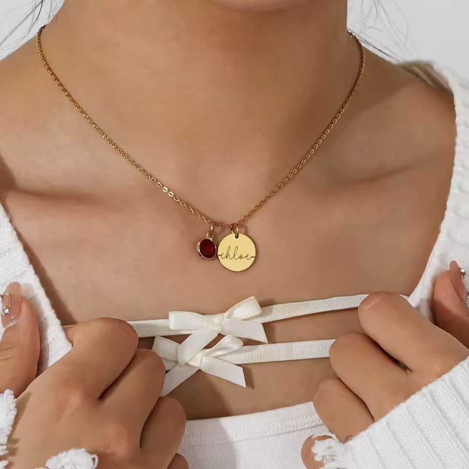 Personalized Birthstone Name Necklace, 925s Silver Gold Vermeil , Birthday Gift for Her, Jewelry Custom Grandma , Name Necklace Custom Disc Engraved Name