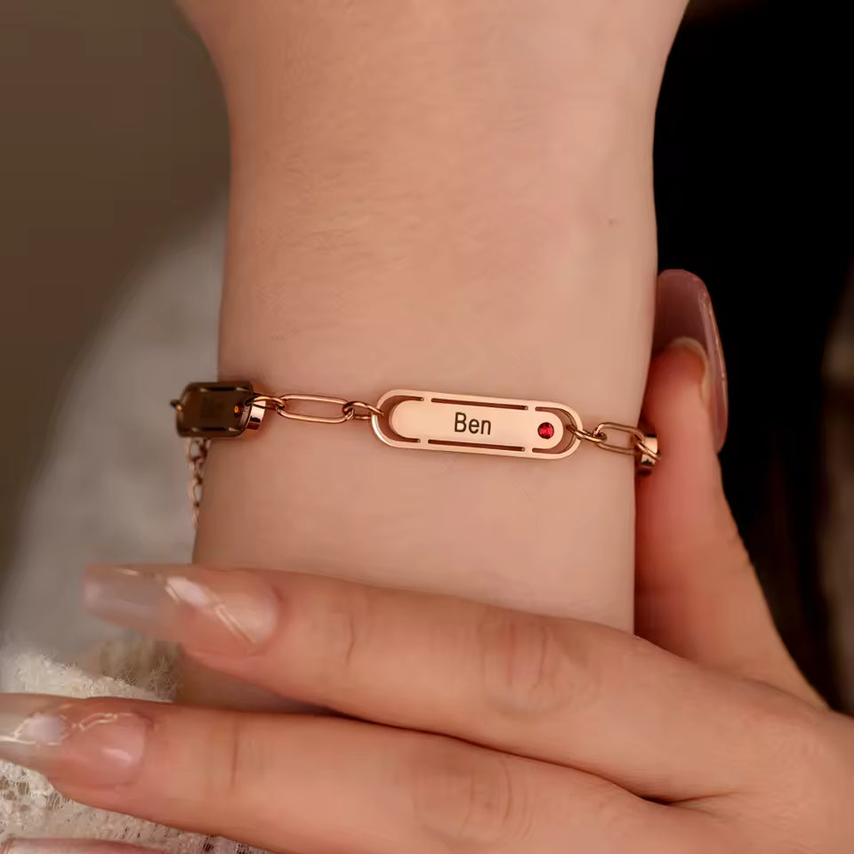 Engraved Name & Birthstone Bracelet – Dainty Mini Bar, 1–4 Birthstones, 925 Silver & Gold Vermeil – Custom Jewelry for Her, Mom, Girlfriend, or Best Friend