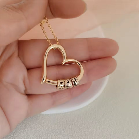 Custom Engraved Heart Pendant Necklace • 925s Silver Gold Vermeil • Personalized Kids , Family Name Necklace with Engraved Beads • Gift for Her