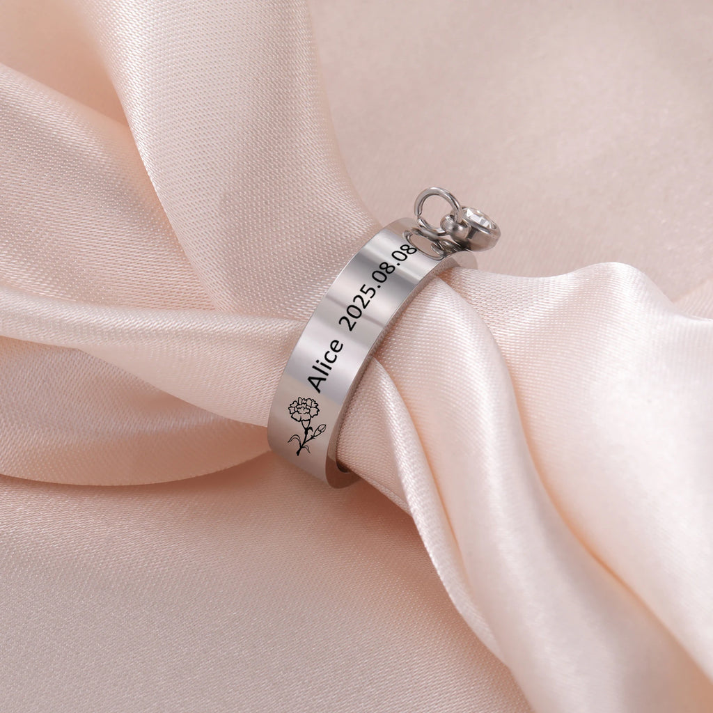 Personalized Birth Flower Ring with Birthstone – Custom Name Engraved Ring – 925 Sterling Silver & Gold Vermeil – Gift for Women, Wife, Girlfriend