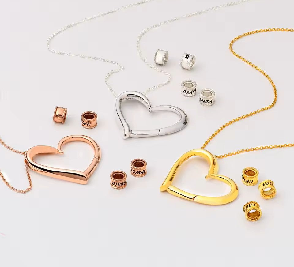 Custom Engraved Heart Pendant Necklace • 925s Silver Gold Vermeil • Personalized Kids , Family Name Necklace with Engraved Beads • Gift for Her