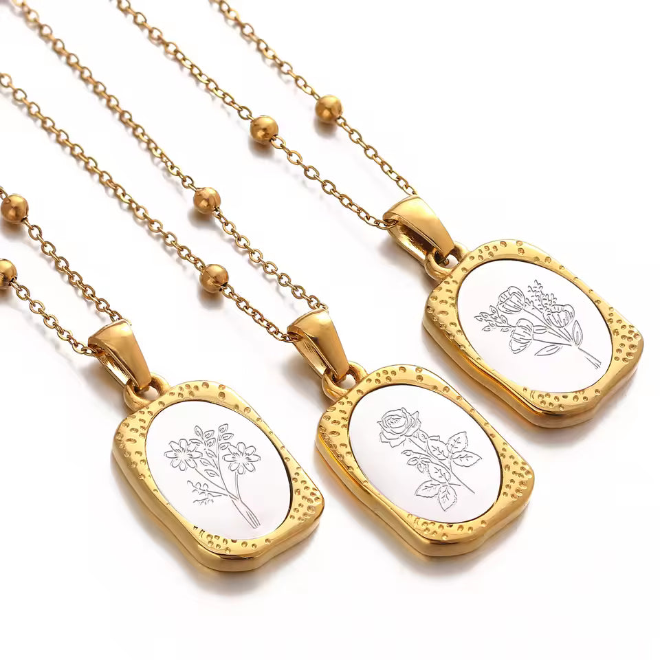 Birth Flower Necklace, 925s Silver Gold Vermeil, Personalized Rectangle Pendant Necklace, Best Mom Necklace, Gift for her, birthday gift
