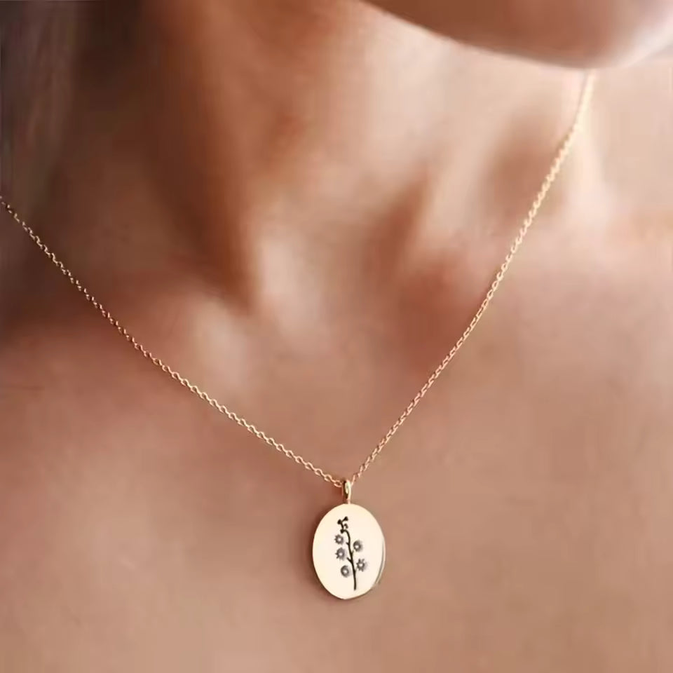 Birth Flower Necklace, 925s Silver Gold Vermeil , Engraved Floral Designs Personalized oval Pendant , Personalized Colorful Oval Pendant Necklace,  Best Mom Necklace,  Gift for her , birthday gift