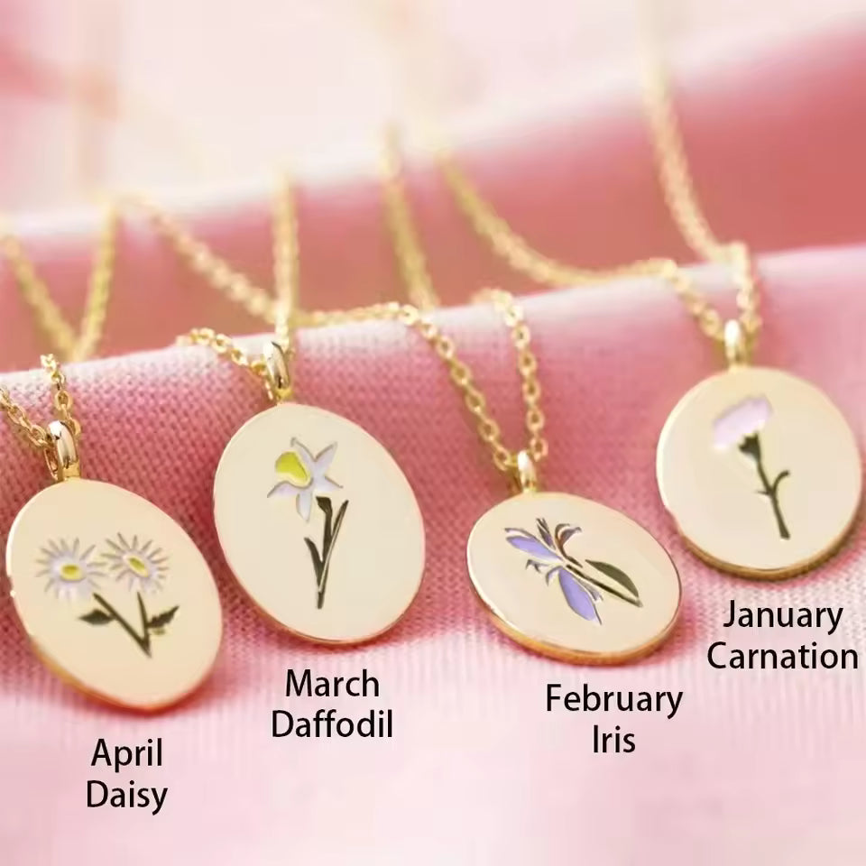 Birth Flower Necklace, 925s Silver Gold Vermeil , Engraved Floral Designs Personalized oval Pendant , Personalized Colorful Oval Pendant Necklace,  Best Mom Necklace,  Gift for her , birthday gift
