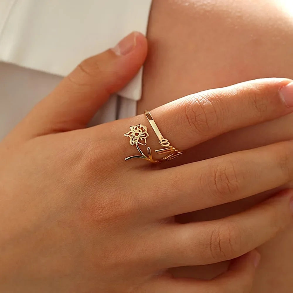 Birth Month Flower Name Ring 925s Silver , Dainty Personalized Custom Birth Flower & Name Ring, Personalized Gift , Gift For Her.