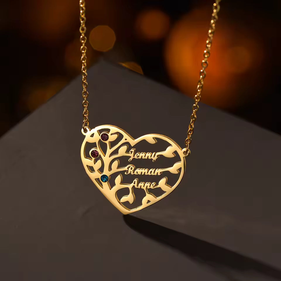 Personalized Family Name & Birthstones Necklace, Family Tree Heart Necklace, 925s Silver Gold Vermeil, Mother's Day Gift, Engraved Name Necklace, Grandma Necklace