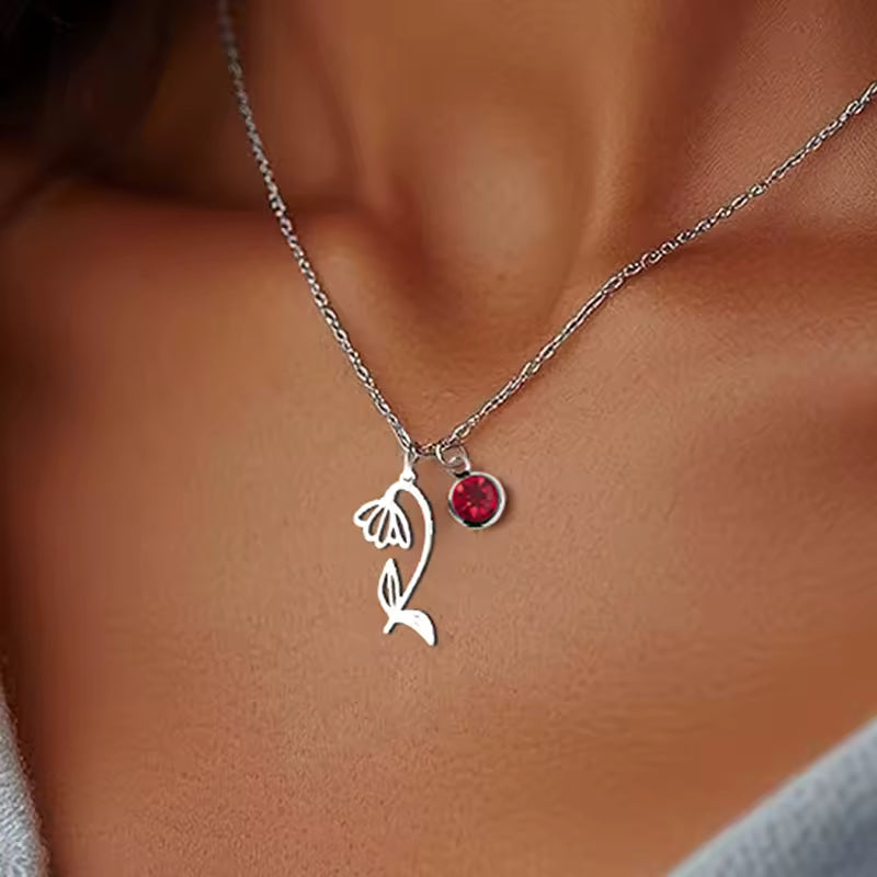 Birthday Flower with Birthstone Necklace, 925s Silver Gold Vermeil ,Birthday Gift Month Flower Birthday Stone Necklace , Personalized Flower Necklace .  gift for her