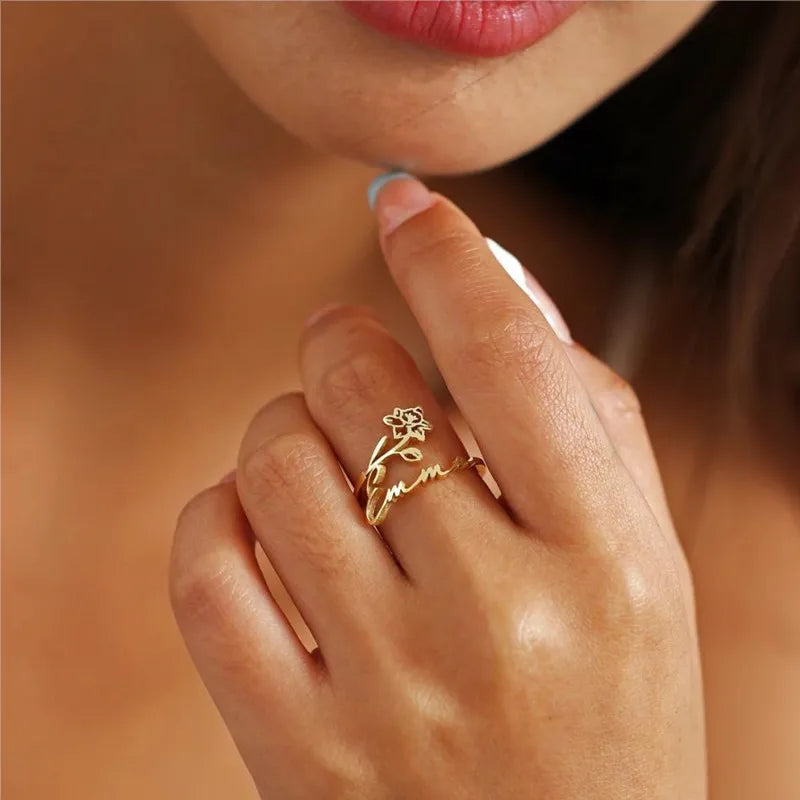 Birth Month Flower Name Ring 925s Silver , Dainty Personalized Custom Birth Flower & Name Ring, Personalized Gift , Gift For Her.