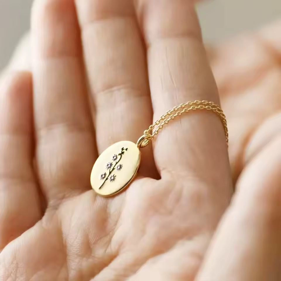 Birth Flower Necklace, 925s Silver Gold Vermeil , Engraved Floral Designs Personalized oval Pendant , Personalized Colorful Oval Pendant Necklace,  Best Mom Necklace,  Gift for her , birthday gift